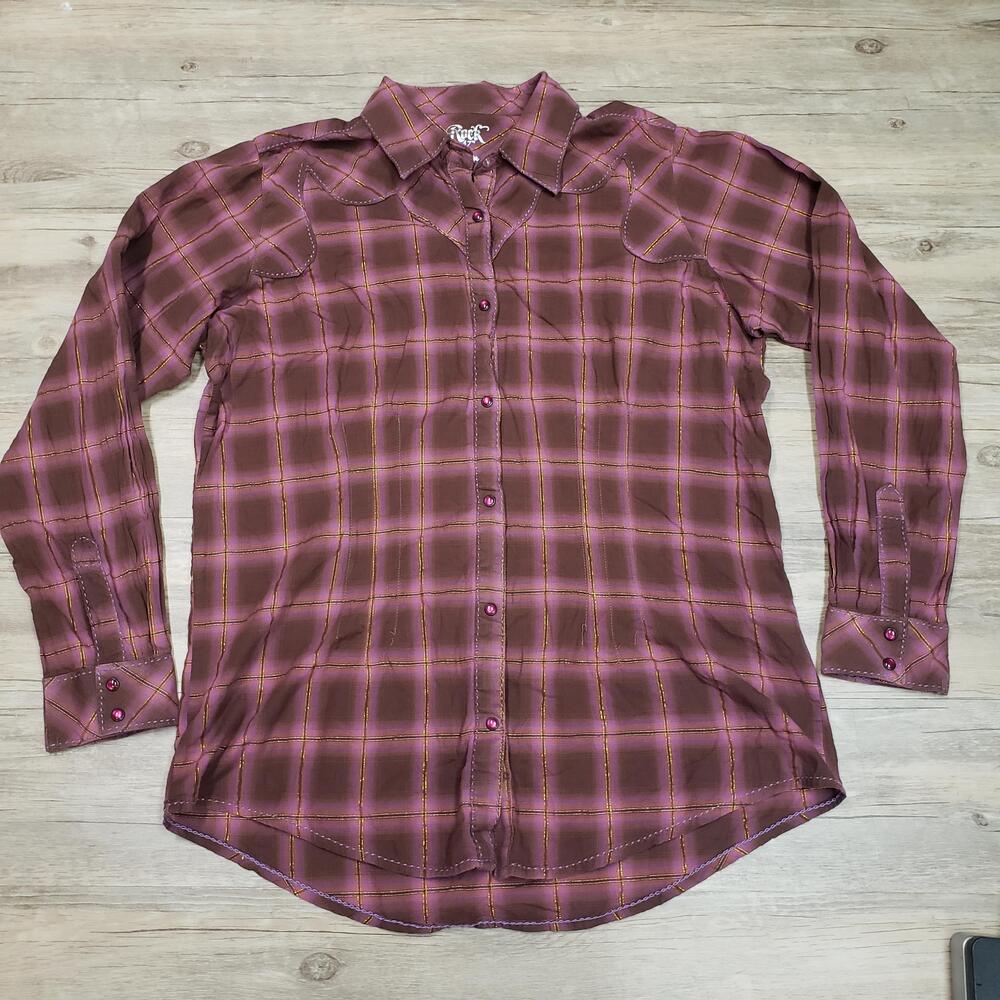 Rock 47 By Wrangler Shirt Womens XL Purple Plaid Western Snap Pearl Long Sleeve